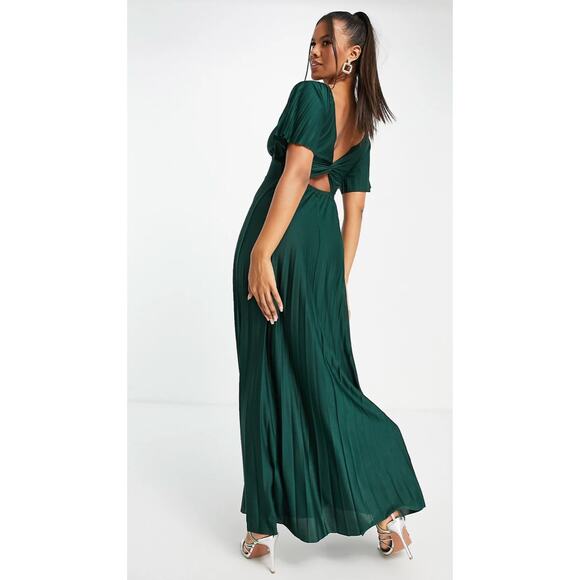 ASOS Pleated Twist Back Cap Sleeve Maxi Dress Women 4 Forest Green Sheer Chiffon - Picture 3 of 10
